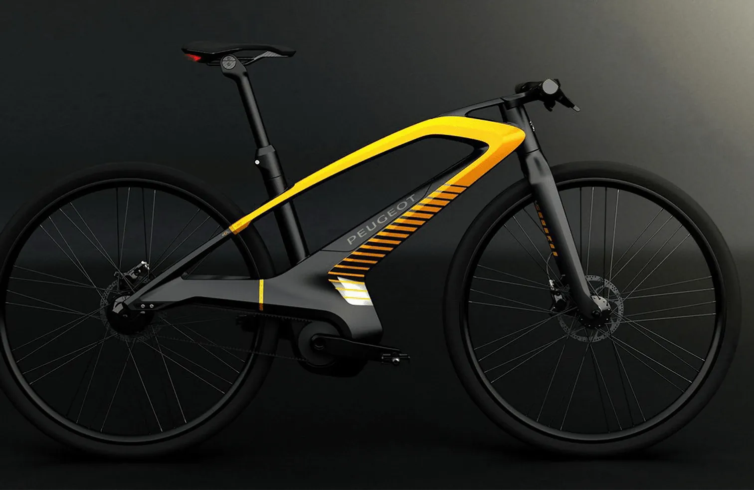 A dark e-bike with yellow accents, studio lit