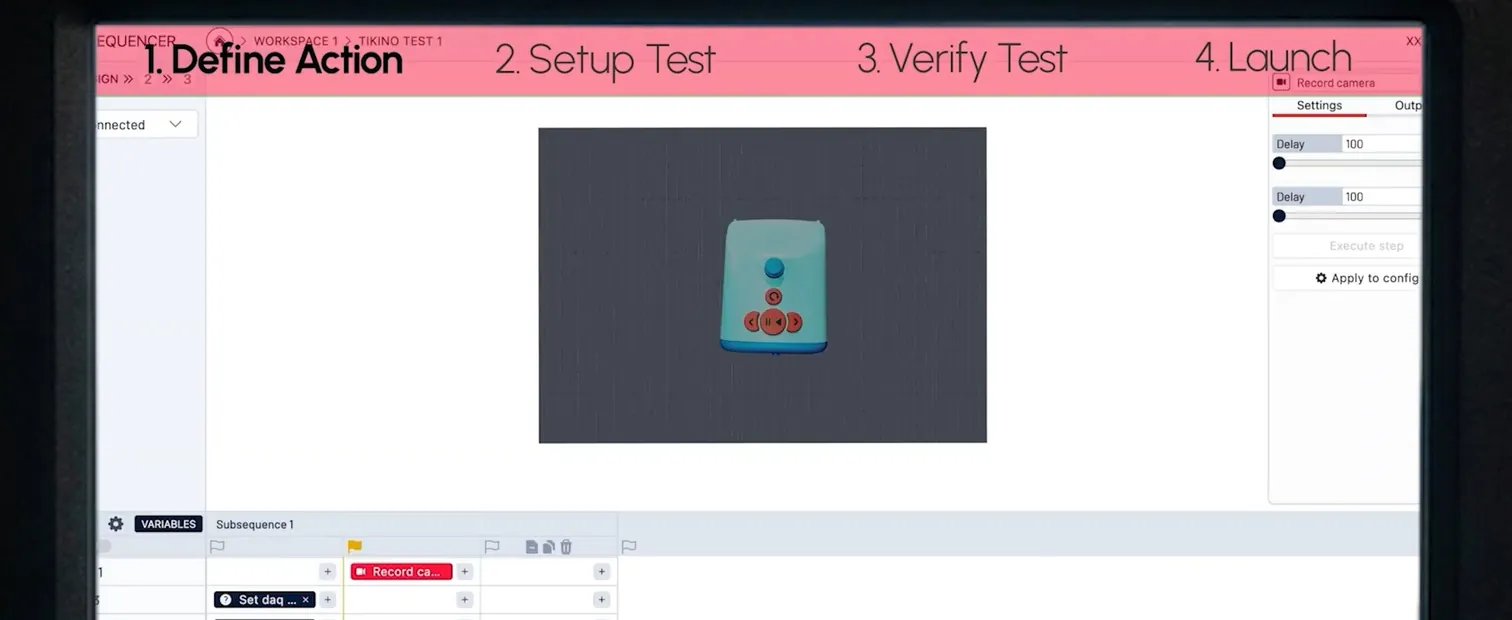 The Prodeegy sequencer: a four-step test wizard above a live device preview and a subsequence track